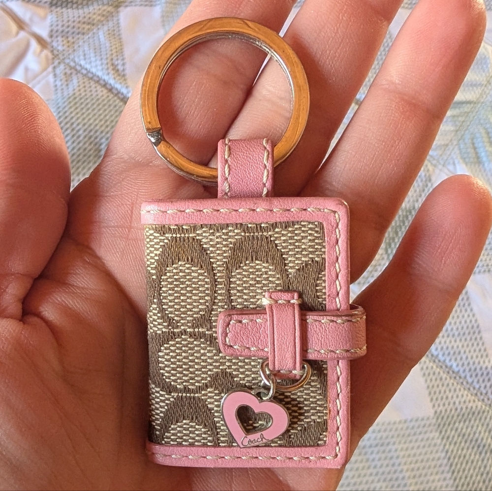 Coach Pink and Tan Keychain with Heart Charm